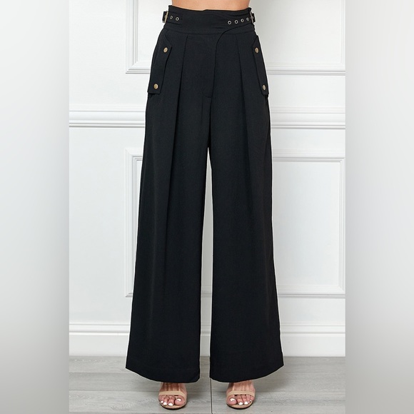 Alamia Black Wide Leg Pocketed Buckled Trousers Pant - Picture 6 of 9